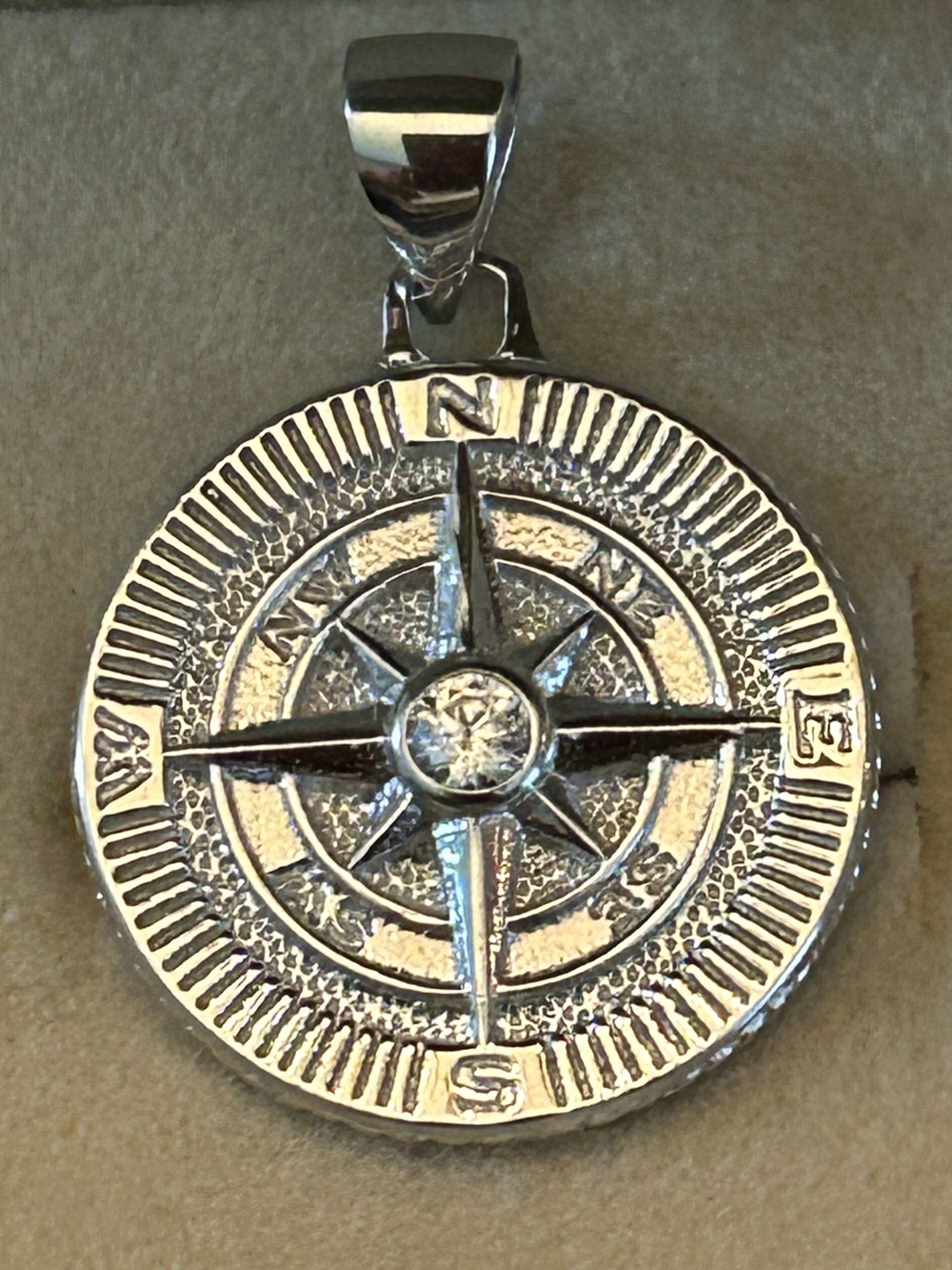 Polished 925 SSilver Compass Medallion Pendant w/Moissanite and Nautical Accent